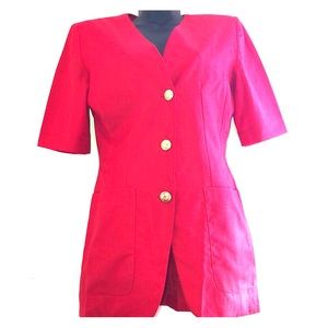 A red button down with gold buttons.